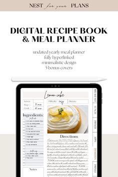 the digital recipe book and meal planner is displayed on an ipad, next to a tablet