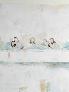 a painting of five people floating in the water with their backs turned to the side