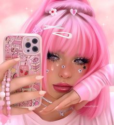 a woman with pink hair and makeup holding up her cell phone to take a selfie