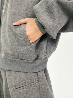 Oversized Cropped Zip Hoodie and Wide-Leg Pants Tracksuit Set Gray Tracksuit With Ribbed Cuffs For Loungewear, Gray Tracksuit With Pockets For Loungewear, Cotton Tracksuit With Ribbed Cuffs For Lounging, Fall Tracksuit With Elastic Cuffs For Loungewear, Fall Loungewear Tracksuit With Elastic Cuffs, Gray Tracksuit With Ribbed Cuffs For Fall, Solid Cotton Tracksuit For Lounging, Gray Fall Tracksuit With Ribbed Cuffs, Cozy Cotton Tracksuit With Pockets