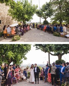 the wedding party is getting ready to go down the aisle at this rustic outdoor ceremony