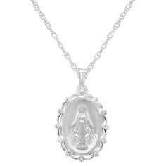 "Crafted from sterling silver, this Our Lady of Grace Miraculous Medal pendant is a daily reminder of your faith. Crafted from sterling silver, this Our Lady of Grace Miraculous Medal pendant is a daily reminder of your faith. Pendant size: 1""L x 5/8""W Chain length: 18 in. Chain type: rope Clasp: spring-ring Metal: sterling silver Finish: polished Packaging: boxed Please note, due to the high value of this item, a signature may be required upon delivery. Size: 18"". Gender: female. Age Group: Sterling Silver Necklace With Miraculous Medal, Spiritual Sterling Silver Necklace With Miraculous Medal, Sterling Silver Miraculous Medal Jewelry, Elegant Sterling Silver Necklace With Miraculous Medal, White Gold Miraculous Medal Jewelry In Sterling Silver, Sterling Silver Oval Necklace With Miraculous Medal, Oval Sterling Silver Necklaces With Miraculous Medal, Silver Spiritual Necklace With Hallmark, Our Lady Of Grace