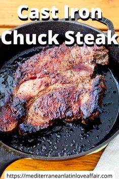 cast iron chicken steak in a skillet with text overlay