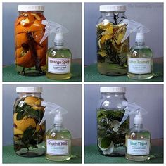 four different bottles filled with various types of liquids and flowers in each bottle,