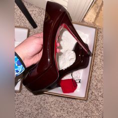 Christian Louboutin Red Bottoms Burgundy Color. Looks Dark. Classic Bianca 120 Black Patent Calf Leather Platform Stiletto High Heels Staple Louboutin Style! (Discontinued) Original Bianca Louboutin Box Included W/ Dustbag Brand New. Size 40 (Knows Your Cl Size ) Luxury Burgundy Heels For Party, Luxury Burgundy Party Heels, Luxury Burgundy Heels For Evening, Burgundy 4-inch Heels For Evening, Chic Burgundy Heels With Red Sole, Evening Burgundy Heels With Round Toe, Elegant Burgundy Heels With Padded Heel, Burgundy Platform Heels With Pointed Toe, Burgundy Pointed Toe Heels With Red Sole