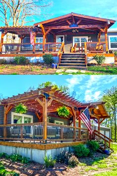 the before and after pictures of a house with porches on each side, in front of an american flag