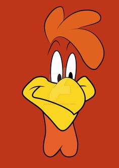 a cartoon chicken with an angry look on its face and neck, standing in front of a red background