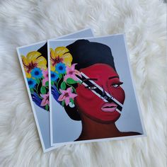 two pictures of a woman with flowers in her hair on top of a white rug