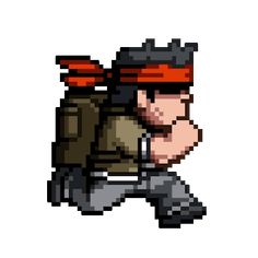 an old school pixel art style character with a backpack on his back and the text, `