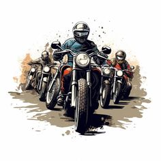 a group of motorcyclists riding down the road on their bikes with watercolor splashes