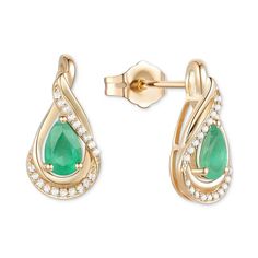 Make any event special with these captivating pear-shape emerald (3/4 ct. t.w.) and round-shape diamond (1/10 ct. t.w.) stud earrings created in 14k gold. (Also Available in Sapphire).Emerald: 3/4 ct. t.w..Sapphire: 1-1/10 ct. t.w..Diamond: 1/10 ct. t.w..Set in 14k gold.Approx. drop: 1/2'.Post back closure.A plating of rhodium is applied to white gold to improve its shine and luster. The plating will wear off and can be reapplied by a jeweler as needed. Rhodium is a member of the platinum family Macys Jewelry, Emerald Jewelry, Personal Shopping, Pear Shape, Pear Shaped, Round Shape, Pear, Jewelry Collection, Platinum