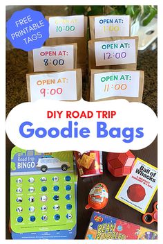 the road trip goodie bags are organized and ready to be used for children's activities