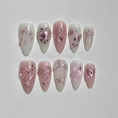 "At Nailbox, we offer custom-fit nails tailored to your exact measurements! If you need help determining your nail size, feel free to message me for guidance. Each kit includes nail glue, a mini file, and alcohol wipes for easy application. Size Guide: XS: 3 (14mm), 6 (11mm), 5 (12mm), 7 (10mm), 9 (8mm) S: 2 (15mm), 5 (12mm), 4 (13mm), 6 (11mm), 9 (8mm) M: 1 (16mm), 5 (12mm), 4 (13mm), 6 (11mm), 8 (9mm) L: 0 (18mm), 4 (13mm), 3 (14mm), 5 (12mm), 7 (10mm) How to Apply: Shape your nails with the m Black Nails Pink Design, Pink Asian Nails, Pink Chrome Heart Nails, Speak Now Nails, Chrome Heart Nails, Sweet Nails, Fake Nails Designs, Cute Simple Nails, Pink Chrome