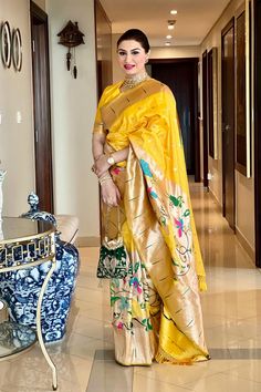 Golden Yellow Paithani Silk Saree – Vishnu Weaves Paithani Saree Traditional Look, Yellow Paithani, Saree Paithani, Paithani Silk Saree, Saree Kanjivaram, Saree Women, Saree Traditional, South Silk Sarees, Women Saree