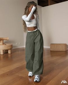 Zlily - High-waisted Loose Fit Solid Color Utility Pants - Stylish and Casual Trousers Spring Khaki Wide-leg Parachute Pants, High Waist Green Parachute Pants With Elastic Waistband, Wide Leg Khaki Parachute Pants For Spring, Khaki Wide Leg Parachute Pants For Spring, Full Length Khaki Parachute Pants For Spring, High Waist Khaki Parachute Pants, Khaki High-waist Loose Fit Parachute Pants, Khaki Wide Leg High-waisted Pants With Elastic Waistband, Baggy Green High-waist Parachute Pants