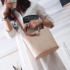 Wooden Circle Handle Knitted Straw Bamboo Bag Circle Handle, Wooden Circle, Bamboo Bag, Popular Bags, Rattan Bag, Straw Bags, Elements Of Style, Women Bags Fashion, Style And Grace