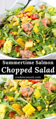 Arugula, salmon, corn and tomatoes in a large white bowl. Salmon Salad Recipes Healthy, Salad Recipes Healthy, Chopped Salad Recipe, Salmon Meal Prep, Lettuce Salad Recipes, Sea Food Salad Recipes, Chopped Salad Recipes