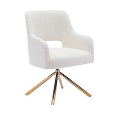 an upholstered white chair with gold legs