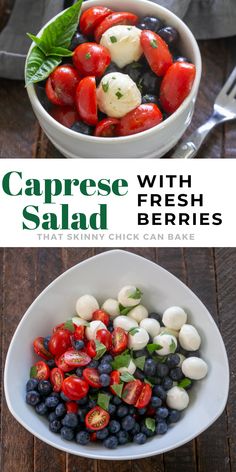 two bowls filled with fresh berries and mozzarella cheese, one has basil leaves on top