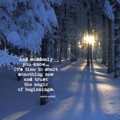 a snowy path with trees and street lights in the background that says, and quickly you know it's time to start something new and trust