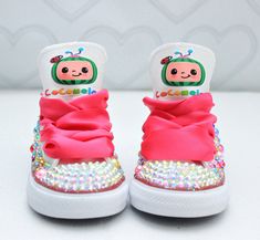 How adorable are these Cocomelon inspired converse! The perfect shoe to complete the look! Please leave your name needed in the notebox during checkout Visit the tutu section or search bar for the matching outfit! If you are unsure of sizing please scroll to the last photos for our size charts, or visit our size charts here--> https://pinktoesnhairbows.com/pages/size-chart All sales are FINAL, Ship dates can be found directly on the listing, please view our policies in detail here---> https://pi Cute High-top Sneakers For Parties, Cute Party Sneakers, Cocomelon Shoes, Overalls Boys, Tutu Dress Costumes, Bling Converse, Pj Masks Birthday, Girls Overalls, Girls Converse