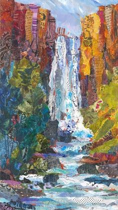 a painting of a waterfall surrounded by trees