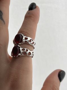 This massive vintage ring is suitable for the brightest and boldest. Easily add brightness to your style. It is suitable both for every day and for any holiday - you definitely will not go unnoticed🥂 This ring can be mixed with other jewelry depending on the mood. This versatile, but at the same time unique jewelry is suitable both for a gift and to please yourself - you definitely will not go wrong with the size and choice, as this ring can be easily adjusted to the size you need. *It is made of 925 sterling silver, is hypoallergenic, will not change color and will not leave green marks on the fingers. Weight of product: 5 g ► DELIVERY * Orders are processed and deposited at the post office within 48 hours maximum after validation of the payment by the ETSY platform (Excluding weekends!) Garnet Open Ring Promise Ring, Garnet Gemstone Open Ring Jewelry, Garnet Gemstone Open Ring, Garnet Birthstone Open Ring, Silver Garnet Ring Stamped 925, Silver Ruby Crystal Open Ring, Silver Ruby Open Crystal Ring, Sterling Silver Open Ring With Ruby Stone Setting, Silver Ruby Ring With Open Setting