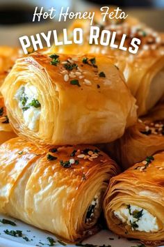 Breakfast Recipes: Hot Honey Feta Phyllo Rolls Feta Phyllo Honey, Phyllo Pastry Appetizers, Hot Honey Appetizer Recipes, Phyllo Dough Recipes Appetizers, Feta Phyllo Rolls, Phyllo Pastry Recipes, Phylo Pastry Recipes, Puff Pastry Appetizers Easy, Phyllo Cup Appetizers