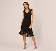 Eyelet Faux Wrap Midi Dress With Ruffle Details In Black Shoes With Black Cocktail Dress, Black Midi Cocktail Dress, Eyelet Fabric, Ruffle Midi Dress, Midi Dress Black, High Low Skirt, Wrap Midi Dress, Dress Inspo, Beaded Clutch