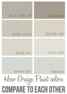 the different shades of gray paint are shown with text overlay that reads how greige paint colors compare to each other