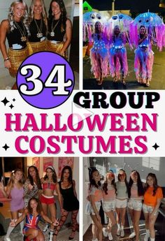 group halloween costumes with the words 34 group halloween costumes on them and pictures of women in costume