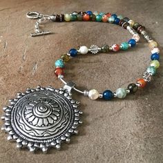 Boho Gemstone Necklace with Metallic Sunburst Charm-24" Long-Hippie Style Jewelry-Colorful Agate Beaded-mSs-Silver Accents-Toggle Closure Diy Bling, Jewelry Colorful, Studio Home, Long Beaded Necklace, Jewelry Wholesale, Agate Beads, Silver Accents, Style Jewelry, Bohemian Jewelry