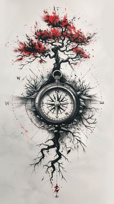 a drawing of a tree with a compass in it's center and red leaves on the branches