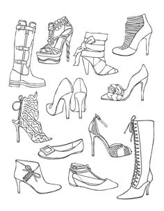 a bunch of shoes that are drawn in black and white