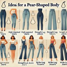 Pear Body Style Outfits, Pear Body Shape Outfits Winter, Wide Leg Pants Pear Shape, Pear Shaped Fashion Outfits, Pear Silhouette Outfit, Best Jeans For Big Thighs, Pear Shaped Pants, Jeans According To Body Shape, What Jeans To Wear Body Types