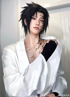 a man with black hair and piercings on his chest wearing a white kimono