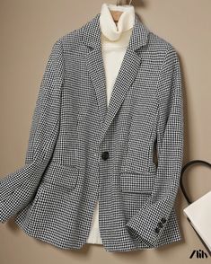 Zlily - Classic Wool Plaid Overcoat Winter Houndstooth Blazer With Lapel Collar, Winter Blazer With Houndstooth Pattern And Lapel Collar, Winter Office Blazer With Long Sleeves, Casual Houndstooth Pattern Blazer, Elegant Winter Houndstooth Outerwear, Winter Houndstooth Double-breasted Blazer, Winter Houndstooth Blazer With Notch Lapel, Fall Workwear Sport Coat With Houndstooth Pattern, Classic Long Sleeve Winter Blazer