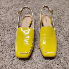 Yellow Patent Leather With White Piping, Sz 9.5. Never Worn. Block 1.5 Inch Heel. Adjustable Slingback. Spring Office Slingback Slip-on Pumps, Yellow Pointed Toe Slingback Pumps For Summer, Yellow Pointed Toe Slingback Pumps For Spring, Yellow Flat Heel Mules For Spring, Kate Spade Chic Leather Slingback Pumps, Spring Yellow Slingback Pumps With Heel Strap, Yellow Slingback Pumps With Heel Strap For Spring, Spring Yellow Slingback Strap Pumps, Spring Yellow Slingback Pumps