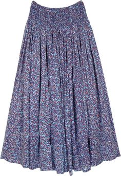 Dense Blue Printed Cotton Voile Skirt with Smocked Waist | Blue | Maxi-Skirt, Floral, Bohemian Bohemian Daywear Lined Maxi Skirt, Bohemian Daywear Maxi Skirt With Lining, Bohemian Gathered Maxi Skirt For Daywear, Summer Maxi Skirt With Smocked Back, Spring Maxi Skirt With Smocked Back, Flowy Blue Maxi Skirt With Gathered Details, Gathered Maxi Skirt For Daywear, Blue Skirt With Smocked Back For Summer, Blue Summer Skirt With Smocked Back