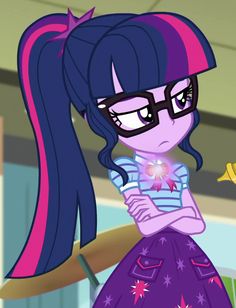 the pony is wearing glasses and has her arms crossed