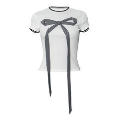 Please refer to our sizing chart for a guideline when choosing a size. 5 business days order processing time. 90% polyester 10% spandex Fitted Bow Tie Tops For Party, Fitted Party Tops With Bow Tie, Summer Party Top With Bow Tie, Fitted Party Tops With Ribbon, Chic Tops With Detachable Bow For Summer, Chic Short Sleeve Party T-shirt, Fitted Top With Bow Tie Back In Trendy Style, Elegant Fitted White Short Sleeve Top, Party Tops With Bow And Short Sleeves