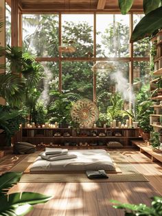 a room filled with lots of plants next to a large window on top of a wooden floor