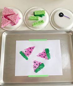 paper plates with watermelon slices on them next to some crafting supplies that include rice krispy kreme