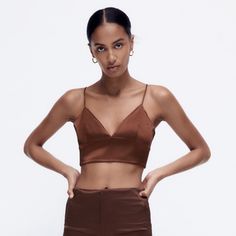 Nwt Zara Satin Effect Tie Back Crop Top. Brown. Brand New! Elegant Triangle Crop Top, Elegant Triangle Top Crop Top For Evening, Elegant Triangle Crop Top For Evening, Brown Zara Top For Party, Zara Brown Party Tops, Brown Camisole Top For Party, Elegant Zara V-neck Crop Top, Elegant Brown Crop Top For Summer, Elegant V-neck Crop Top By Zara