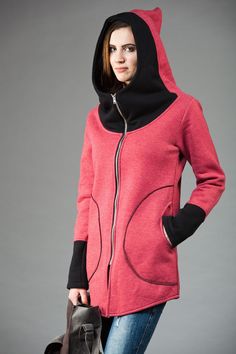 "Express Shipping to the USA, UPS Courier for free Delivery 3-5 Business Days Hoodies Women, Sweatshirt Jacket, Hooded Sweatshirt Thanks for your love for the Hoodie/Tunic/Coat ♥ Let me tell you about this product... Main color is mellow raspberry, finished with black details. Capacious and comfortable pockets. Wide and capacious pointed hood which makes it truly unique. The hoodie is made of: 90% cotton 10% polyester Good quality, soft fabric which stretches slightly to fit your body and is the Sporty Long Sleeve Hoodie With Ykk Zipper, Red Hooded Jacket With Zipper Closure For Winter, Winter Sportswear Sweatshirt With Zipper Closure, Red Hooded Outerwear With Zipper Closure, Red Hooded Outerwear With Zipper, Hooded Sweatshirt With Zipper For Sports, Hooded Sweatshirt With Zipper Closure For Sports, Hooded Zipper Closure Hoodie For Sports, Hooded Zipper Sweatshirt For Sports