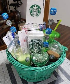 the basket is full of starbucks drinks and other things to drink for breakfast or brunch