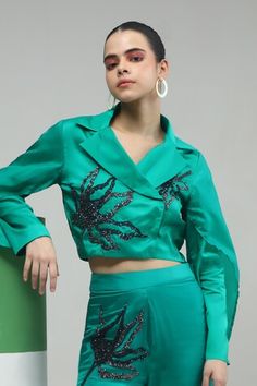 Green full sleeves silk crop jacket with black toned beads blossom embellishments and a spread collar neckline. Paired with a bootcut style pant with beads blossom embroidery. - Aza Fashions Spring Evening Hand-embellished Sets, Spring Evening Hand Embellished Sets, Spring Sequin Long Sleeve Set, Silk Long Sleeve Sets With Sequins, Blossom Embroidery, Layered Sleeves, Embroidery Beads, Style Pant, Pant For Women