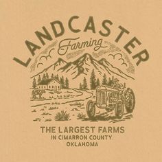 the logo for landcaster farming shows an old farm tractor and mountains in the background