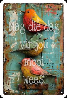 three birds are sitting on top of a wooden sign that says mac die dap virjou mooi wees