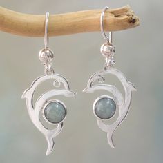 two dolphins are hanging from silver earrings on a wooden stick with a branch in the background